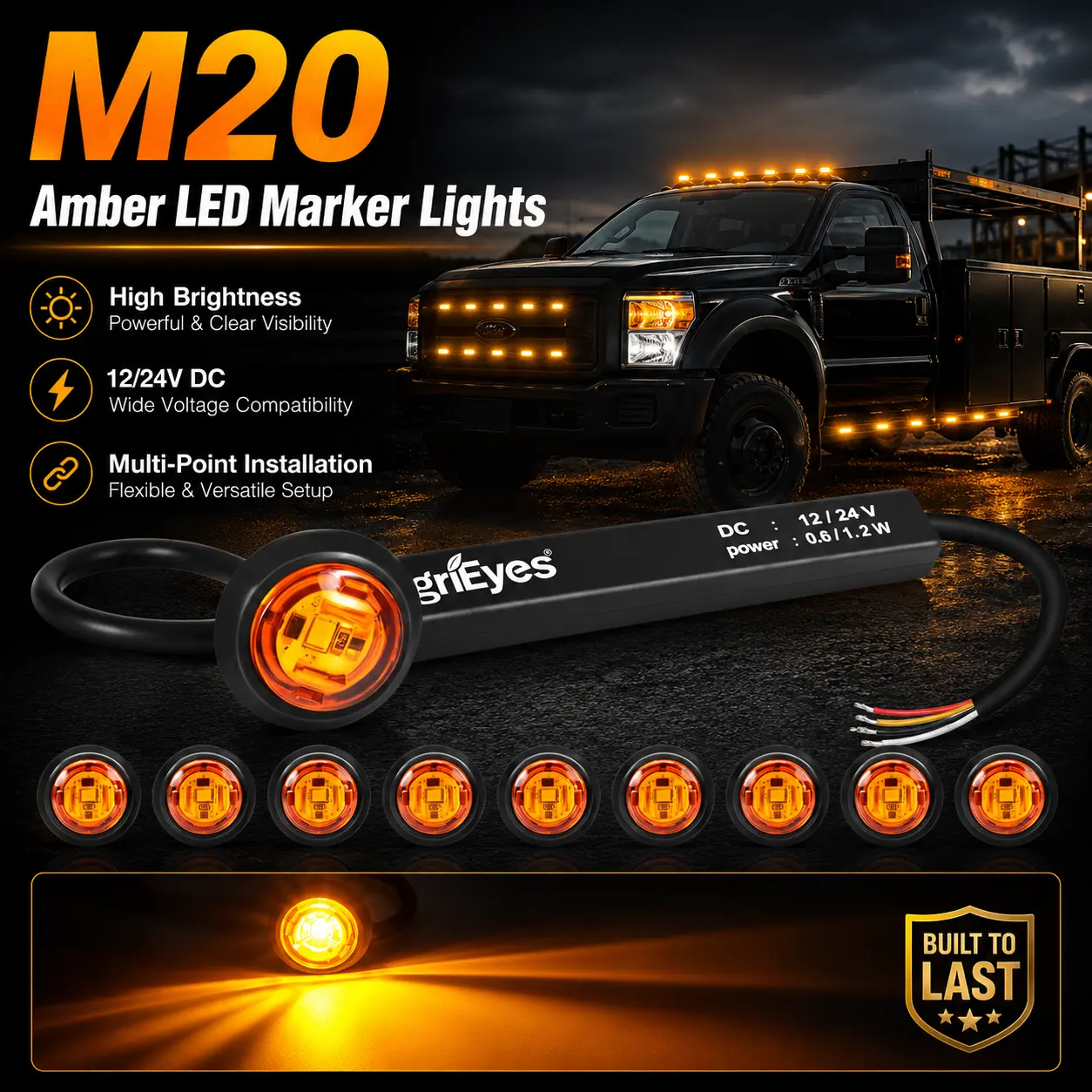 AgriEyes M20 2-in-1 Side Marker & Warning Trailer Light Kit, 10pcs Truck Lightbar with 5 Flash Modes, IP67 Waterproof for Trucks, Trailers, RVs (Father's Day Gift), Strobe Lights For Trucks, Led Light Bar