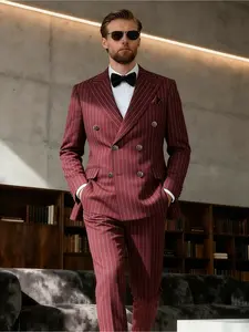 Men's Double Breasted Suit Jacket & Pants Set, Slim Fit 2 Pieces Striped Pinstripe Suit Shawl Lapel Tuxedo for Wedding & Business