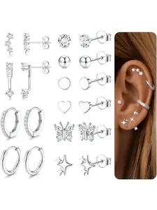 Sterling Silver Stud Earrings for Women Hypoallergenic Hoop Earrings Studs Cartilage Earring Sets for Multiple Piercing 20G Dainty Heart Butterfly Star CZ Stud Earring Stacks for Women Trendy Fashionable Earrings Heart Shaped Earrings