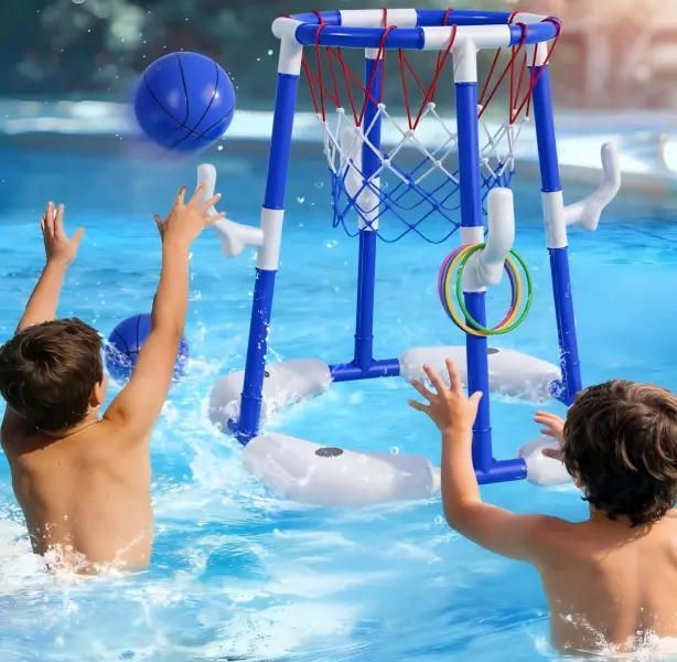 2-in-1 Floating Pool Basketball Hoop & Ring Toss Game, Swimming Pool Water Play Toy with 2 Basketballs, Rings & Inflation Pump, Summer Outdoor Family Party Game for Kids and Adults