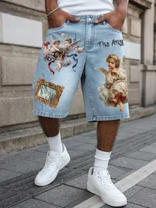 Unisex design, American retro street style denim shorts with an oil painting angel pattern print, high-street loose-fitting distressed five-pocket pants, TikTok’s top-selling denim shorts, perfect for street fashion, skateboarding outings, Y2K styles, dai
