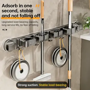 Suction Cup Mop Holder Set, Wall-Mounted Broom & Mop Organizer with 4 Adjustable Clips & 3 Hooks, No-Drilling Bathroom Storage System for Cleaning Tools, Kitchen Garage Laundry Organizer Rack