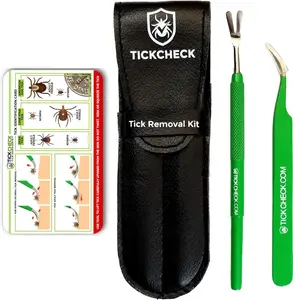 Premium Tick Remover Kit - Stainless Steel Tick Remover + Tweezers, Leather Case, and Free Pocket Tick Identification Card (1)