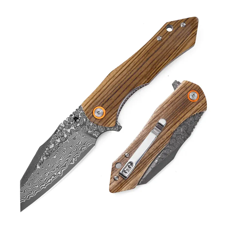 KLAKEN Askael J338 Damascus Steel Folding Knife, 3.5" Blade with Zebra Wood Grip, Compact EDC Pocket Knife with Liner Lock for Outdoor Camping, Hiking, Survival Equipment, Outdoor Edc Tools, Knives