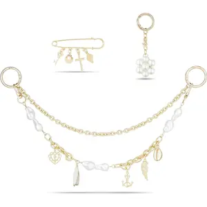 BY-430 4-in-1 Bag Charms Set, Elegant Gold Purse Charms with Pearl Beads, Shell Pendant, and Safety Pin, Handbag Charm