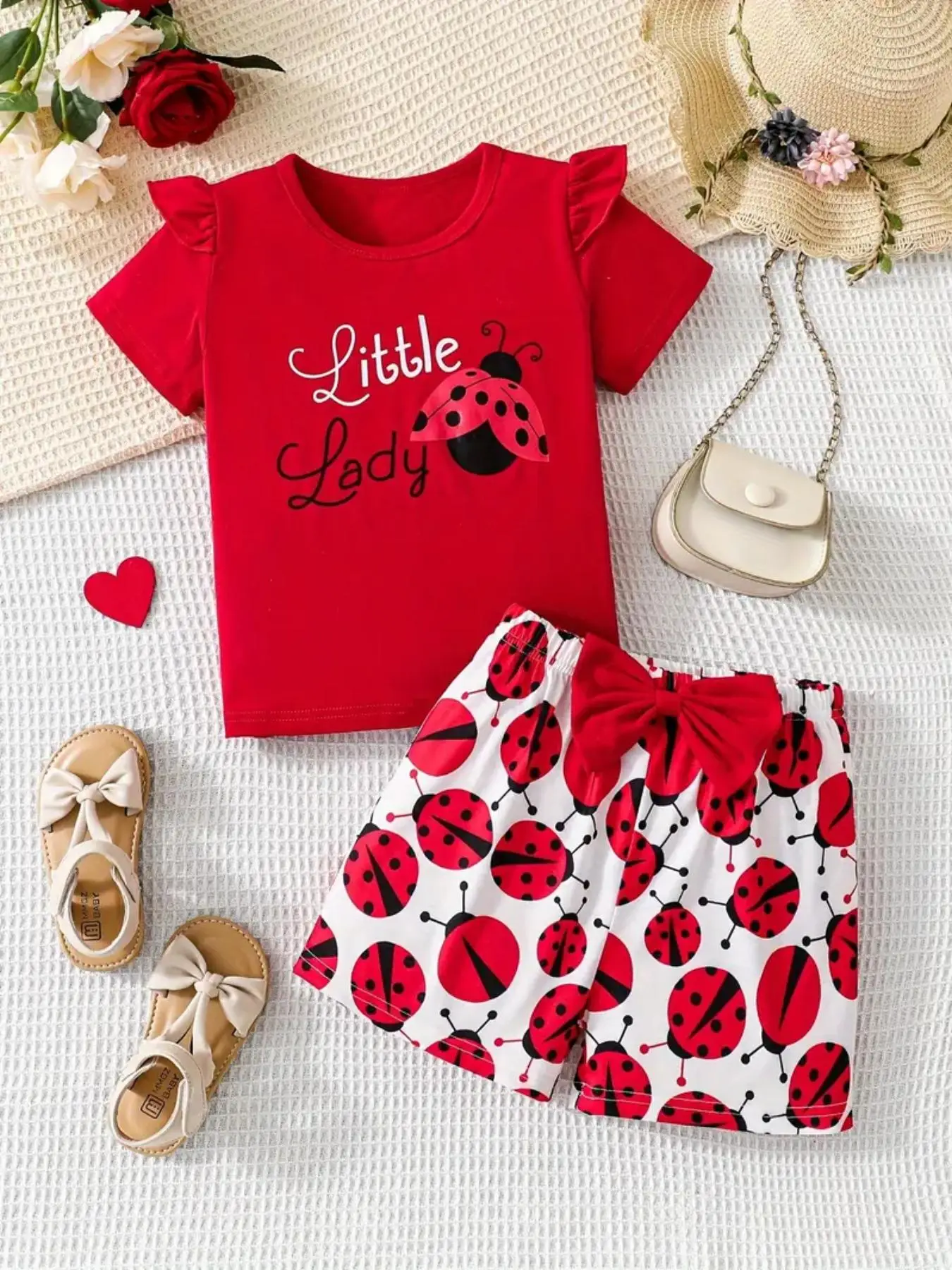 Girl's Letter Print Short Sleeve Top & Bow Decor Shorts Two-piece Set, Cute Casual Round Neck T-shirt & Shorts, Kids Summer Clothes, Baby Clothing