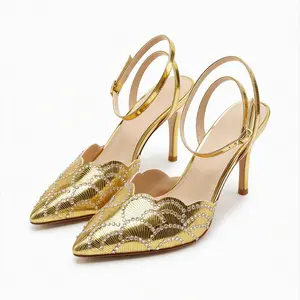 Women's Metallic Rhinestone High Heel Sandals, Pointed Toe with Sparkly Crystals, 3.15" Heel, Perfect for Formal Occasions like Dates, Proms and Dinners.