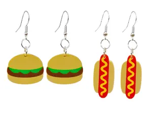 Hot Dog & Burger Earrings Set BBQ Food Jewelry 2 Pair Dangle Earrings