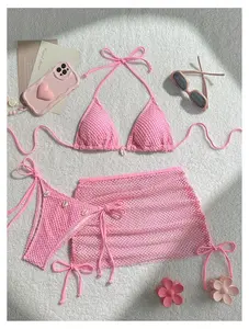 Swimsuit for Women 3 Piece Pink Tulle Bathing Suit Sexy Slimming Beachwear Triangle Cup Shell Detail Vacation Swimsuits