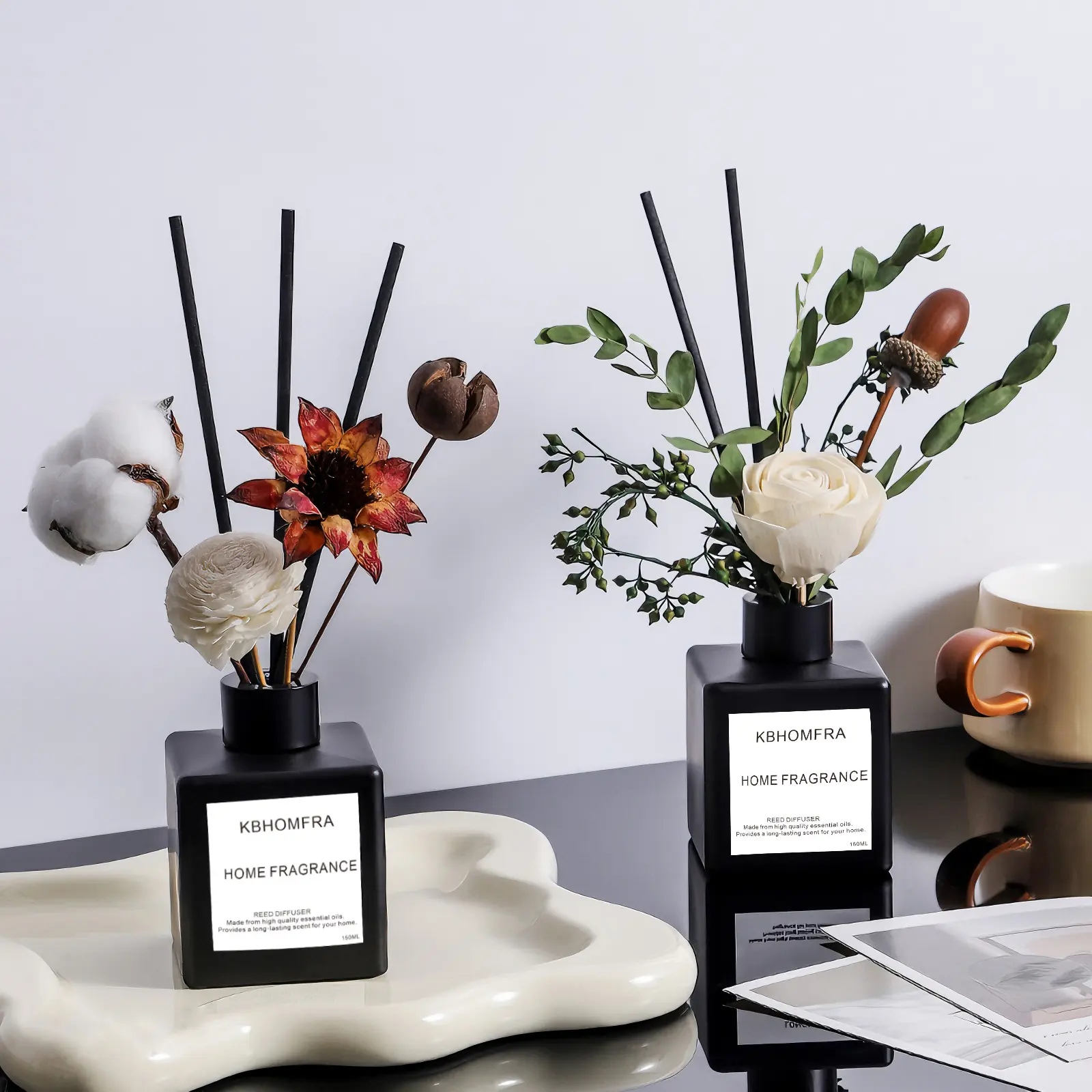 KBHOMFRA Dried Flower Reed Diffuser Jasmine Gardenia Sandalwood Scent 5.07oz HomeReed Diffuser Stick For Indoor Bedroom Bathroom Diffusers Air Freshener Odor Eliminator
