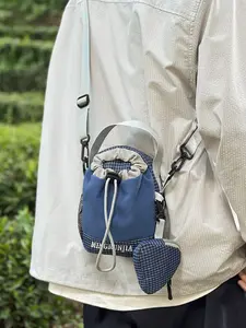 1pc Men's spliced drawstring mini bucket bag, paired with the same mini headphone bag and adjustable shoulder strap, suitable for daily casual and street fashion dressing scenes, Crossbody Shoulder Bag
