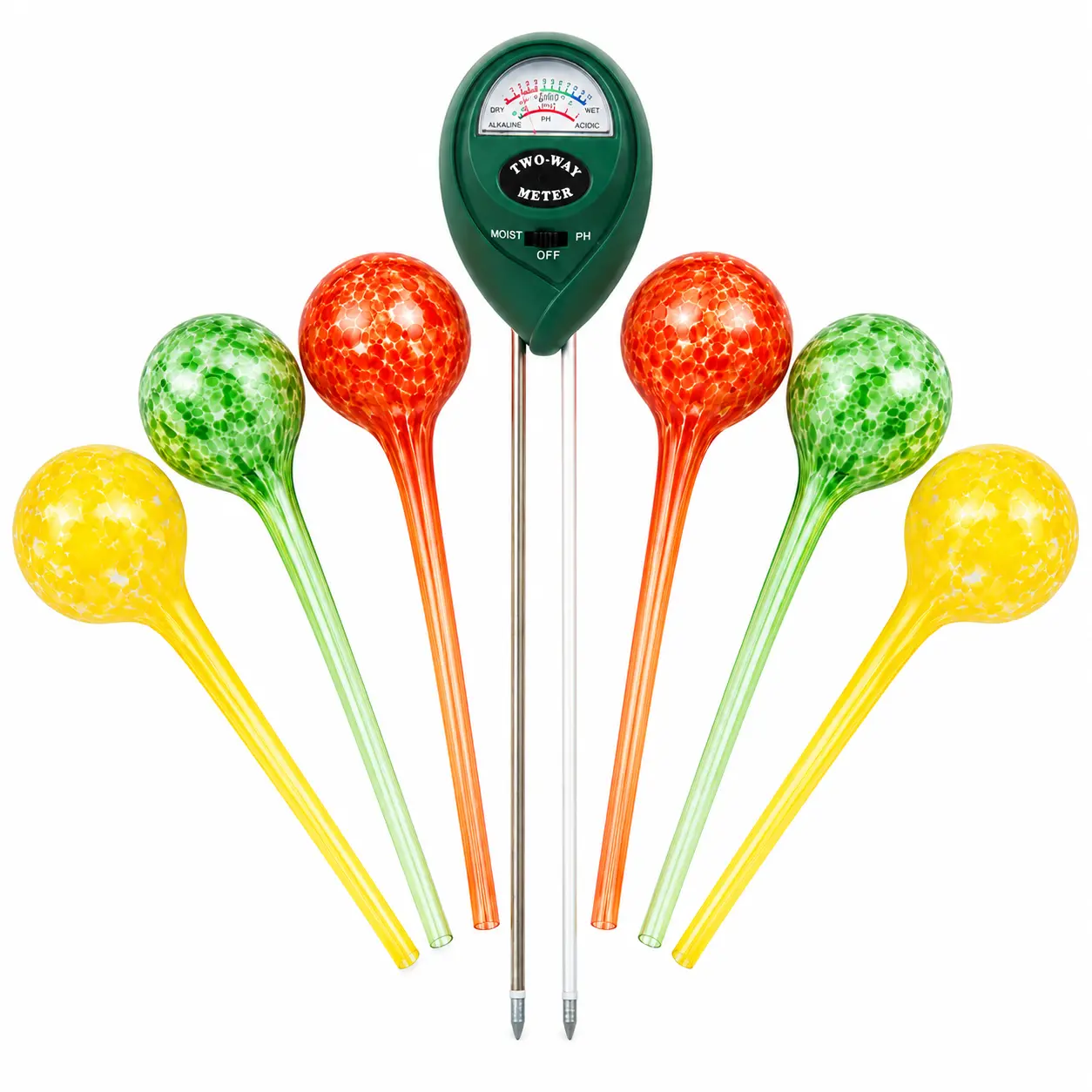 2-6 Pack Glass Plant Watering Globes Bulbs for Indoor Outdoor Plants Automatic Self Watering Spikes Stakes Planter Insert Vacation Drip Irrigation System Hand Blown Colorful Aqua Care Tool Set with Free Soil Moisture pH Meter.