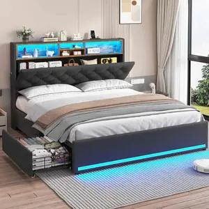 Sikaic Upholstered Platform Bed Frame with LED Lights & Charging Station Hidden Storage Headboard and 4 Drawers Linen Dark Grey Furniture Home Bedroom Bedframe