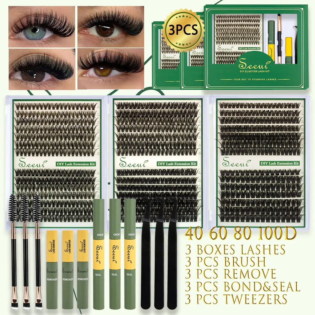 3-Piece Eyelash Clusters Kit, 4060D&6080D&80100D, 9-16mm, D Curl, Including 812pcs Eyelash Clusters, 3pcs Bond and Seal, Tweezers, Brushes, Wet look Lashes, Beginner Friendly, DIY at Home Easily, Eyelash Extension Tweezers, Eyelash Set