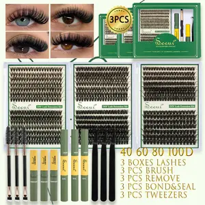 3-Piece Eyelash Clusters Kit, 4060D&6080D&80100D, 9-16mm, D Curl, Including 812pcs Eyelash Clusters, 3pcs Bond and Seal, Tweezers, Brushes, Wet look Lashes, Beginner Friendly, DIY at Home Easily, Eyelash Extension Tweezers, Eyelash Set