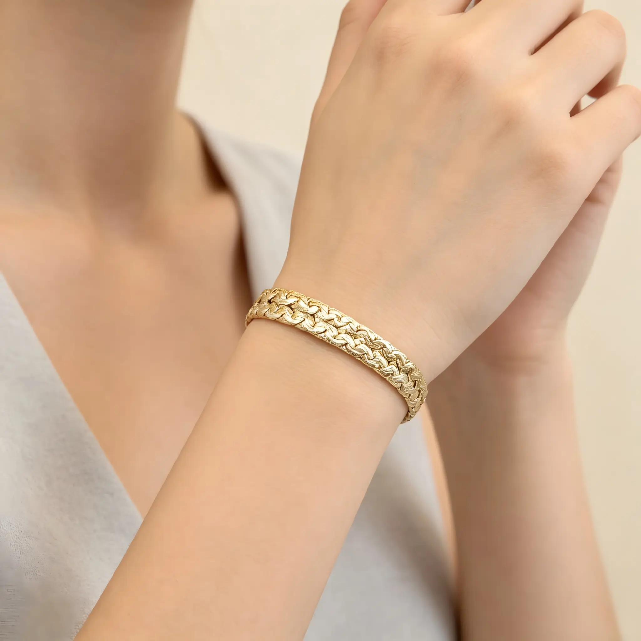 14K Gold Plated Wide Woven Braided Chain Bracelet for Women Textured Gold Bracelet with Adjustable Extender Clasp Daily & Occasion Jewelry Gift