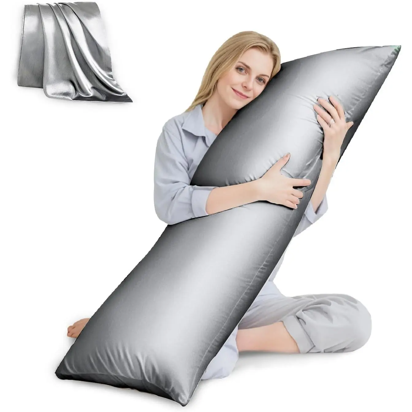 Pillow with Satin Pillowcase, Cooling  Pillow for Adults, Removable Cover,  Grey (20"x54")