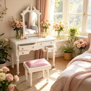 1:12 Exquisite White Vanity with Stool for Dollhouse Premium Mini Furniture Model Perfect for Bedroom Dressing Area Scene Ideal for Dollhouse Decor Layout Miniature Display Christmas Easter New Year Gift