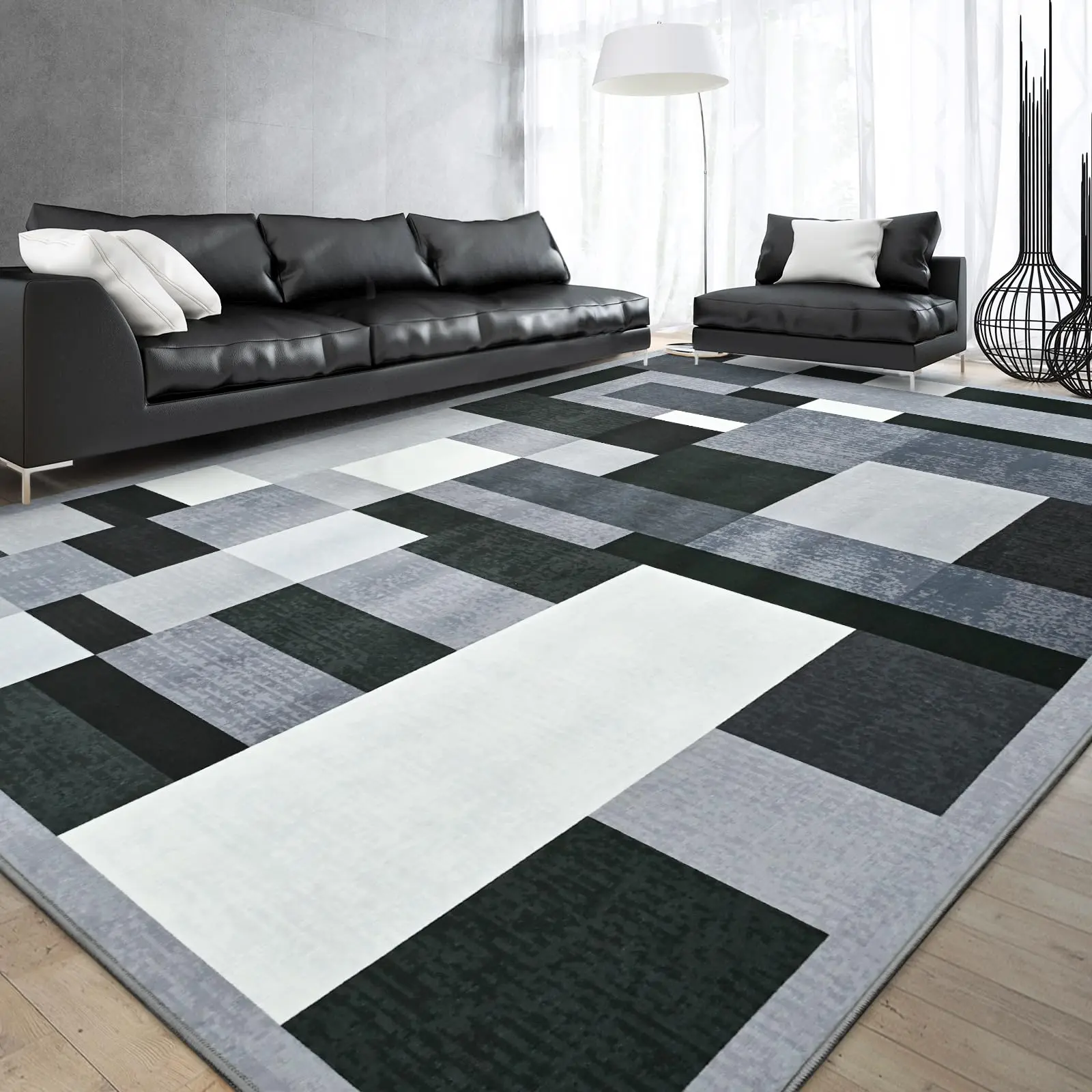 Fluffy Modern Abstract Decorative Area Rug, Black & White Geometric Non-Slip Machine Washable | 5x8/6x9 ft for Living Room Decor, Rugs for Bedroom Home Use & Gifting Boho Runner Rug