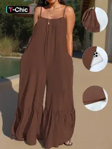 Women's Solid Color Strapless Jumpsuit, Wide Leg Pleated Hem, Large Capacity Pockets, Lightweight Breathable Fabric, Summer Vacation Essential