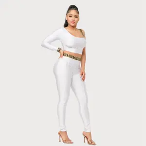 Sandy One Sleeve Band Trim Top And Leggins Set Comfort Fabric Fit Womenswear Fashion Asymmetrical Mocha Casual Cocktail Matching Outfit