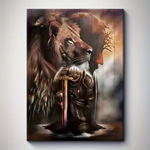 1 Piece Framed Canvas Art - God's Armor Lion Warrior Praying, Vintage Style Wall Decoration with Solid Wood Frame, Perfect for Home, Living Room, Bedroom or Office