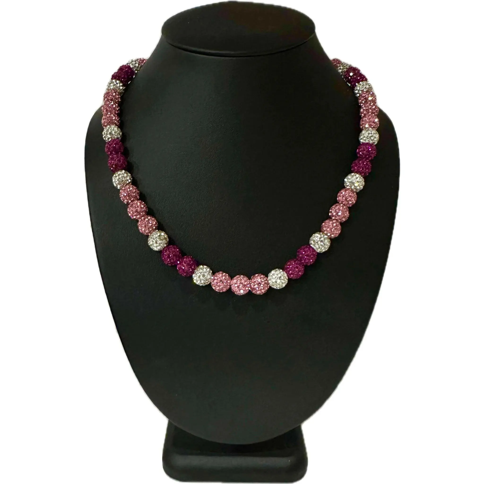 Iced Bling Disco Ball Rhinestone Crystal Bead Baseball Softball Necklace Hot Pink