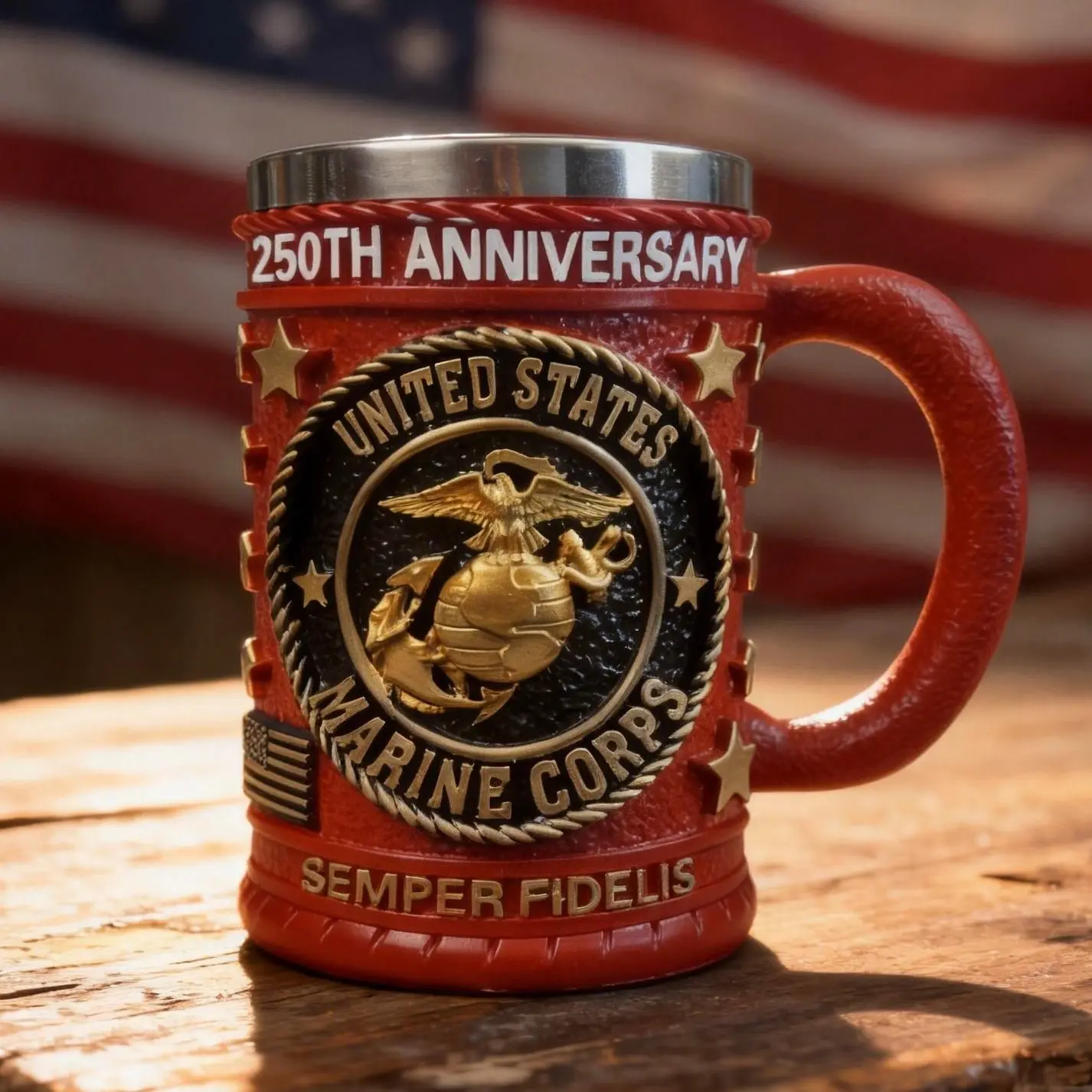 US Marine Corps 250th Anniversary 3D Embossed Drinkware Coffee Mug - USMC Red Tactical Tankard, Ideal Military Gift for Veterans & Collectors