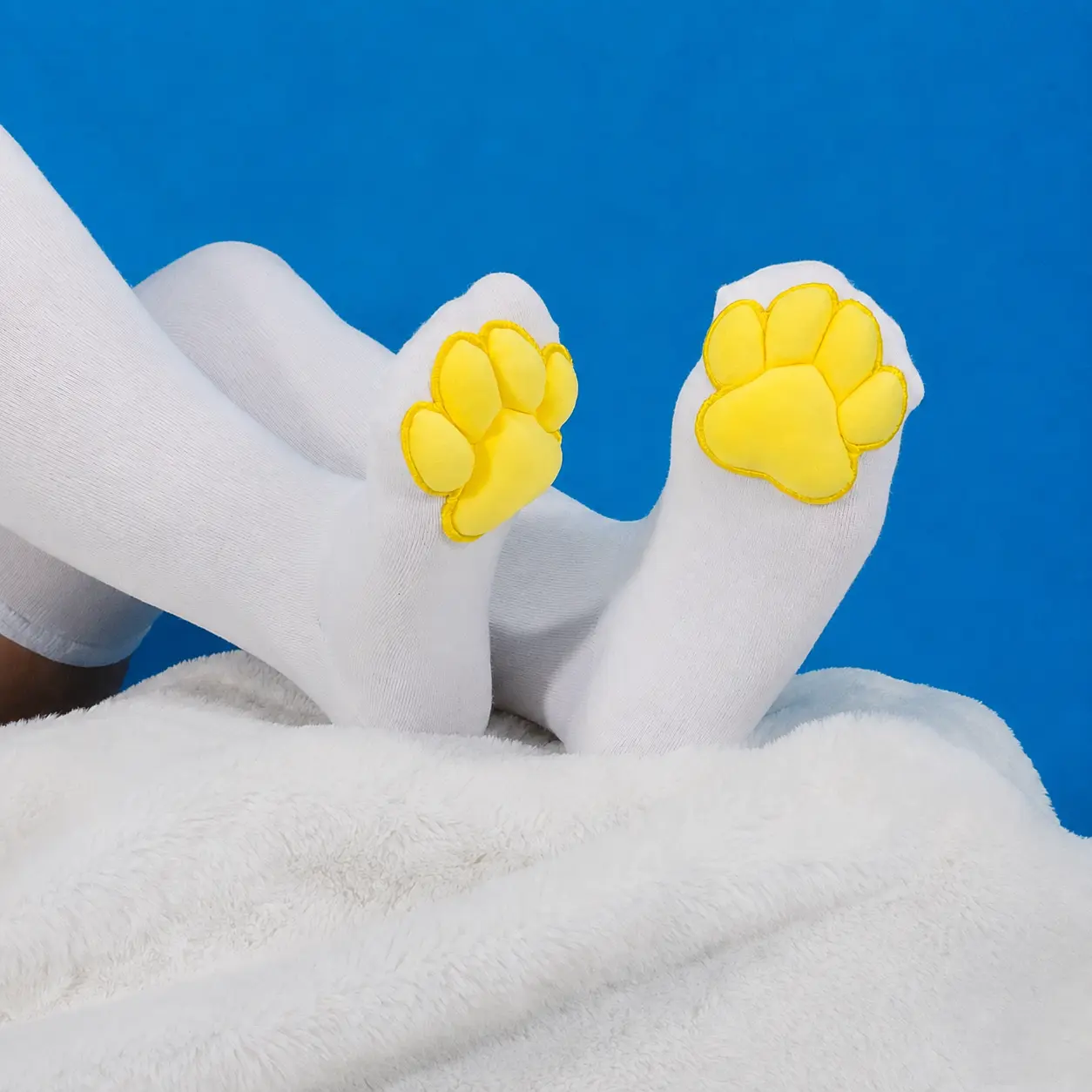 Plush Yellow Mochi Paw Pad Beans White Thigh High Stockings