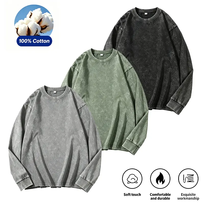 3 Pack Men's Unisex 100% Cotton Baggy Retro Acid Wash Crew Neck Long Sleeve Tees - Oversized, Wrinkle-Resistant Streetwear Tops for Casual Daily Layering, Gym Use graphic tees graphic tees gakuran graphic tee