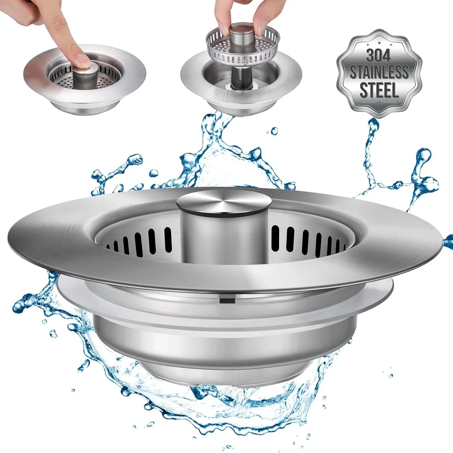 Upgraded 3in1 Kitchen Sink Drain Strainer - Stainless Steel Universal Sink Stopper, Drain Cover, Streamlined, Durable, Anti-Clogging Sink Food Catcher Basket, Fast Drainage Odor Filter Sink Plug, Effortless Installation for US Standard 3 1/2 inch Drain