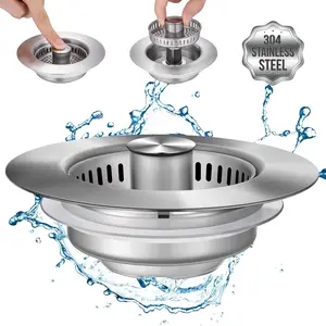 Upgraded 3in1 Kitchen Sink Drain Strainer - Stainless Steel Sink Stopper, Durable, Anti-Clogging Sink Food Catcher Basket, Fast Drainage Odor Filter Sink Plug, Effortless Installation for US Standard 3 1/2 inch Drain