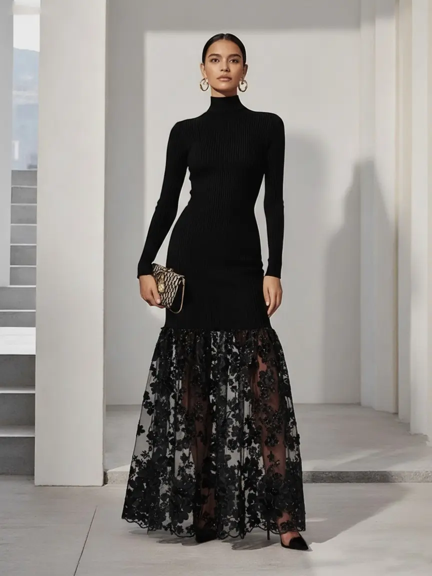 FEHAUTE Black Mesh Floral Fall Knit Mock Neck Long Sleeve A-Line Maxi Cocktail Party Evening Dress Elegant Longsleeve Dress Elegant Chic Dress