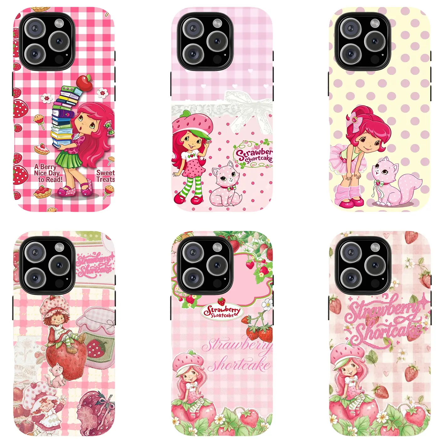 Strawberry Shortcake Cute Cartoon Phone Case, Vintage Pink Grid Polka Dot Protective Cover For iPhone
