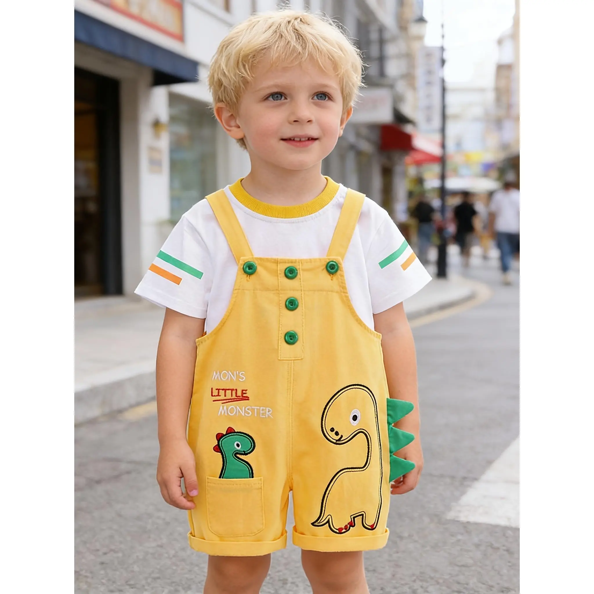 Toddler Boys 2Pcs Summer Outfit Color Stripe Sleeve Tee Yellow Dinosaur Print Short Overalls Cute Kids Two-Piece Set # Boys Ninja Turtle Pants Set # Boy Grandpa Style Suit Set # dinosaur outfit # round-neck outfit combination # summer fashion trend