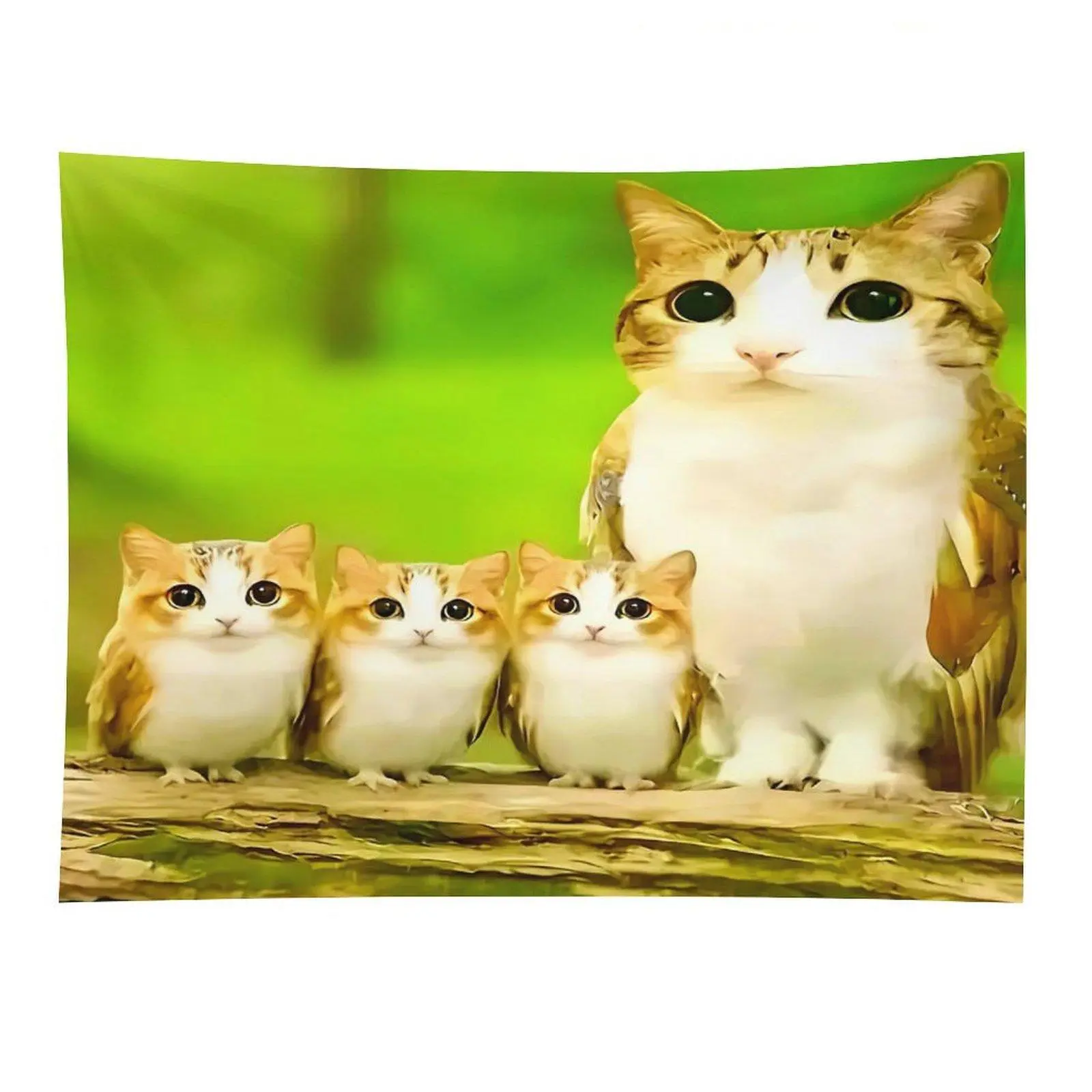 Cat Owl Family Tapestry Cute Fantasy Animal Wall Hanging for Bedroom Dorm Living Room Decor