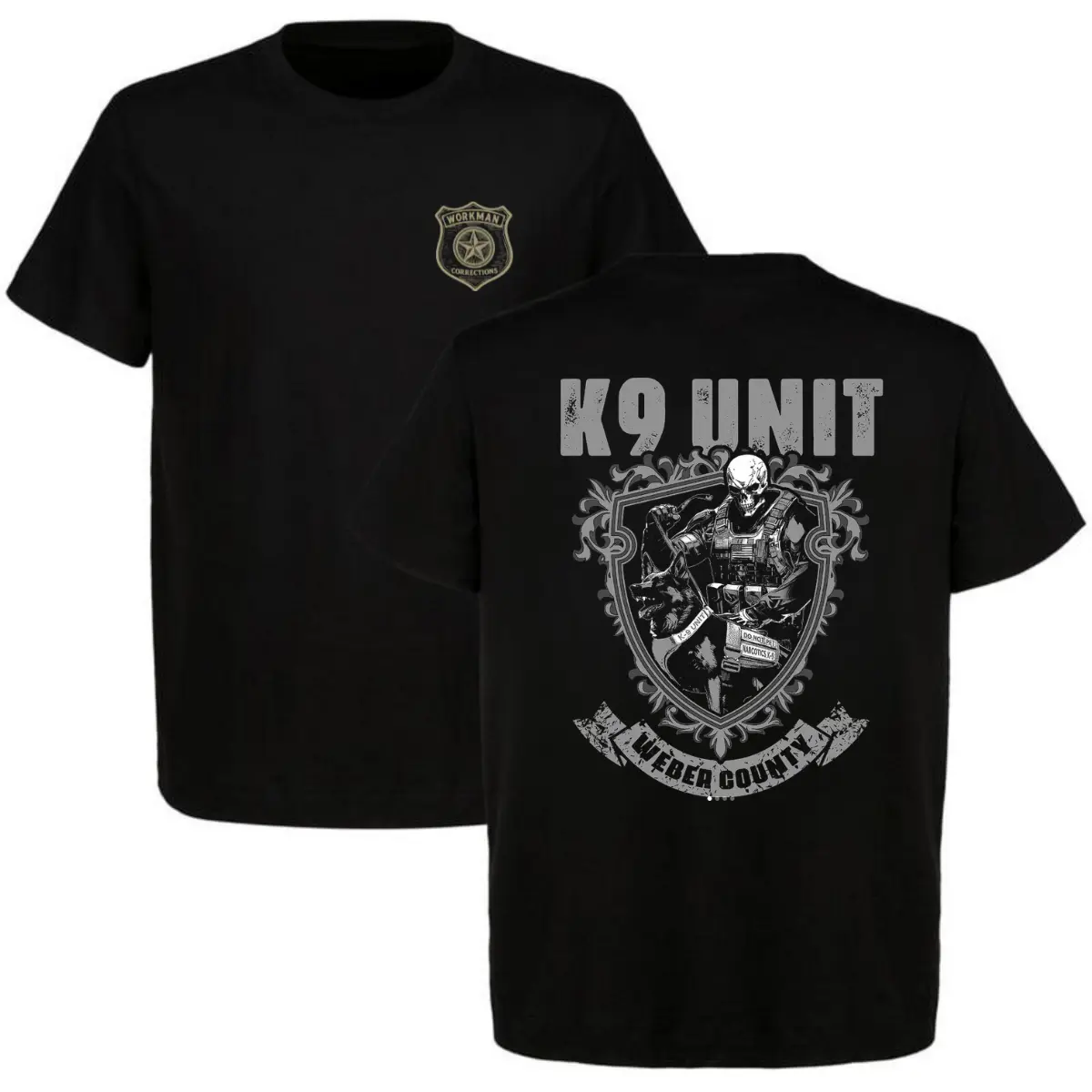 Weber County K9 Unit Corrections Shield Badge T-Shirt |   Tactical Skull German Shepherd Shield Graphic Top |   Law Enforcement Officer Police Security Mens Heavyweight Apparel