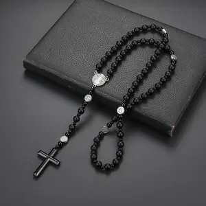 New Black Volcanic Rock Black Gallstone Alloy St. Benedict Religious Men's Original Stone Cross Rosary Necklace