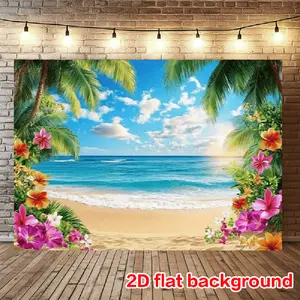 1pc Polyester Tropical Beach Party Backdrop - 2D Flat Banner with Turquoise Ocean, Palm Trees, Floral Design - No Electricity Needed, Easy to Hang for Indoor/Outdoor Birthday Decorations