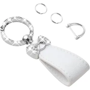 Women’s Luxury Bling Car Keychain, Crystal Bowknot Key Ring, Leather Wristlet, Key Organizer with 2 Rings & Anti-Lost D-Ring