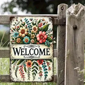 2D Flat 1PC Vintage metal Sign , 'Welcome' Floral Design, Rustic Home Decor, Front Porch And Entryway, 8x12 Inches