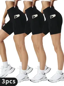 3pcs High-Waisted, Black Sports Shorts with Zipper Pockets - Quick-Dry, Stretchy Yoga & Fitness Bottoms for Women, Yoga Pants,Minimalist Design,Stretchy Fabric