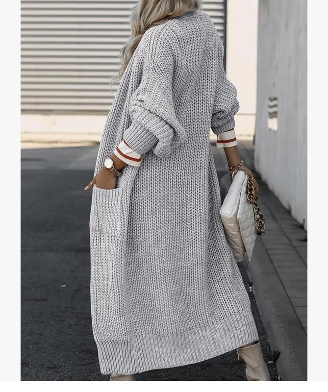 Long Cuff Sleeve Open Front Knit Long Duster Coat With Pockets