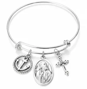 St Peter Bracelet Catholic Patron Saint Medal Fisherman Anchor Cross Adjustable Silver Bangle Religious Jewelry Gift