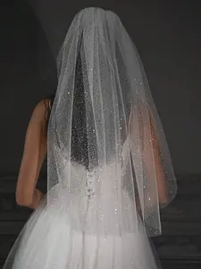 Sparkling Single-Layer Bridal Veil — Sheer Tulle Accessory with Tiny Sequins, Arm-Length Style, Mantilla Veil