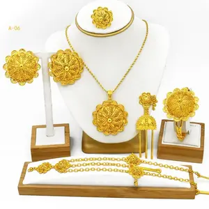 Dubai 24K Gold Jewelry Bridal Necklace Earring Ring Bracelet Hairpin Head Chain Six Piece Set Complete Accessory