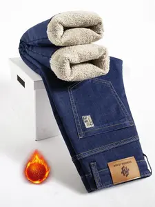 Men'sFleeceLinedDenimJeans,WinterLooseStraightLegWarmCasualPants,ThickenedThermalComfortableMen'sClothing