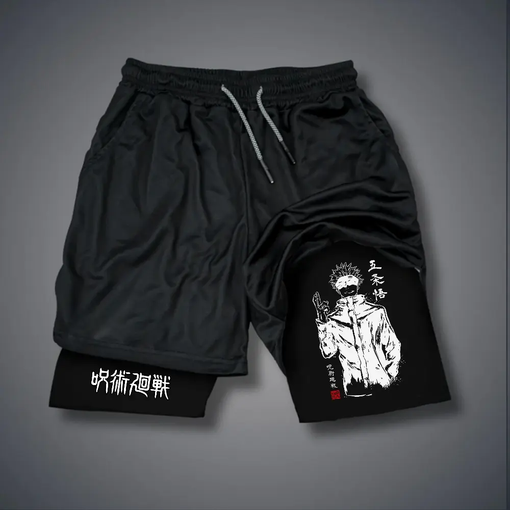 Jujutsu Kaisen Anime 80s 90s Double-Layer Sports Shorts Graphic Shorts Black Camo Streetwear Shorts Men Outfits Men Vacation Outfits Shorts