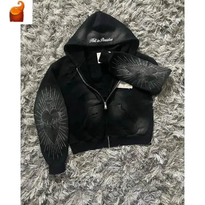 Panp Hell's Paradise Street Retro Gothic Style Zipper Hoodie Embroidered Patchwork Hoodie Loose Sweatshirt Men's Clothing Men's Sleeves