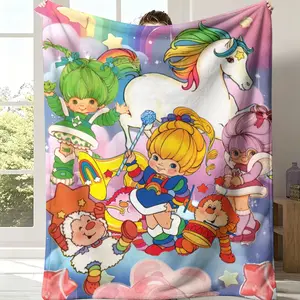 Rainbow Brite Flannel Blanket Vintage 80s Nostalgia Cartoon Aesthetic Soft Warm Throw For Gamer Room Decor Dorm Essential Bed Sofa Home Holiday Gift